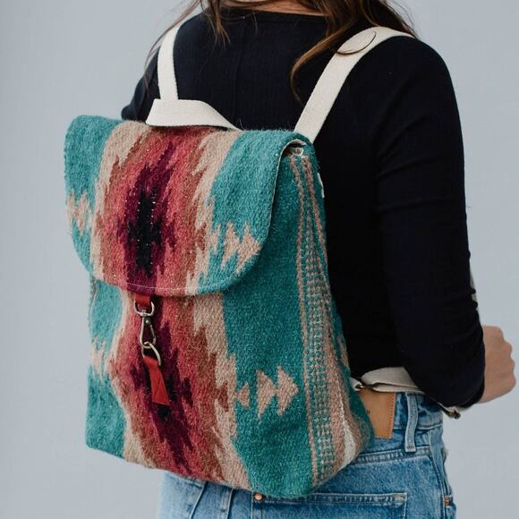 Cotton Wool Woven Teal Burgundy Tan Western Southwestern Aztec Backpack main image 4